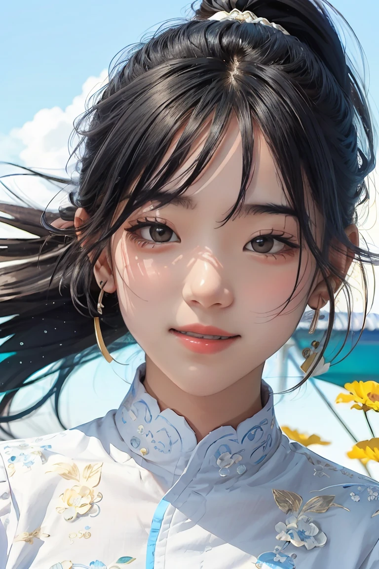 (masterpiece), (best quality), (ultra detailed),(disheveled hair),(illustration), (1girl), (Fashionable clothing), standing, Fashion model, looking at viewer, (interview), (simple background),beautiful detailed eyes, delicate beautiful face, Floating,(high saturation),(colorful splashes),colorful bubble,(shining), focus on face,  ponytail, kamisato ayaka, light blue hair, bangs, hair ring, floating flowers, floating hairs, (shining), best lighting, best shadow