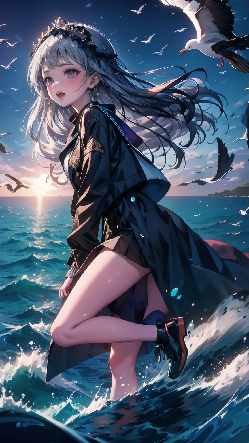 A girl came out of the sea ,  1 girl,Ryuei ,Grey Hair,bangs, Long Sleeve , hair accessories, black jacket , Black Hair Band , High Quality ,green dress,High Leg Raise, skirt, Half-laugh,   Gentle Expression  ,  seascape and sunlight in the background , Seagulls in the sky, full length,   photorealism crying blushing cheeks