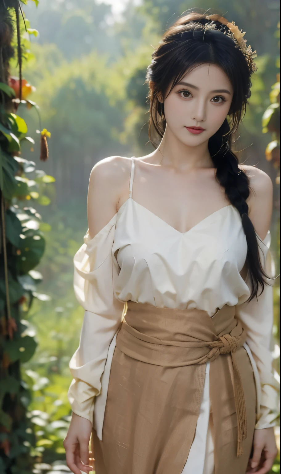 masterpiece， Fatih from Final Fantasy ， beautiful girl，Primitive tribal burlap dyed clothing，Highest detail， Misty Forest ，(Thick fog)，(Heavy fog)，（远景被Thick fog遮罩）8k，Early morning light effect，( actual , photo- actual :1.4),Optical Photography，Waist Shot