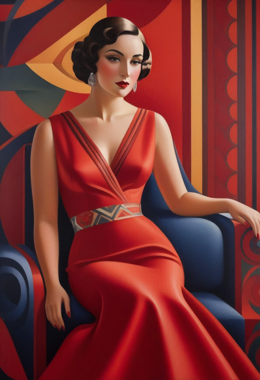 painting of a woman sitting on a red sofa, art deco painting, art deco era), art deco portrait, georgy kurasov, cinematic. art deco, beautiful retro art, intricate art deco patterns, realistic art deco, hyperrealist art nouveau, art nuveau, modern art noveau, art noveau painting, art deco illustration