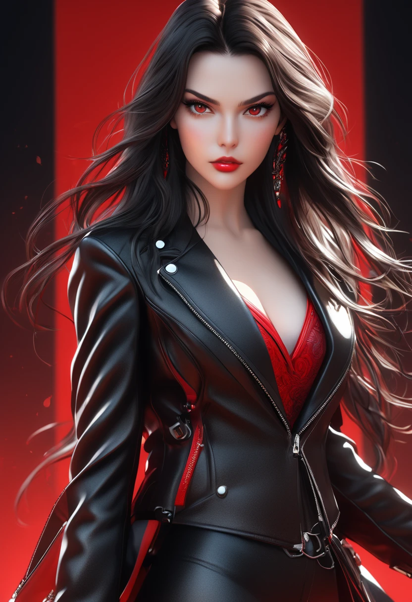 a beautiful young woman with long dark hair, intense eyes, full lips, detailed facial features, wearing a black leather suit with red accents, standing in a white background, dynamic pose, highly detailed, hyper realistic, 8k, cinematic lighting, dramatic colors, masterpiece, art style of final fantasy viii