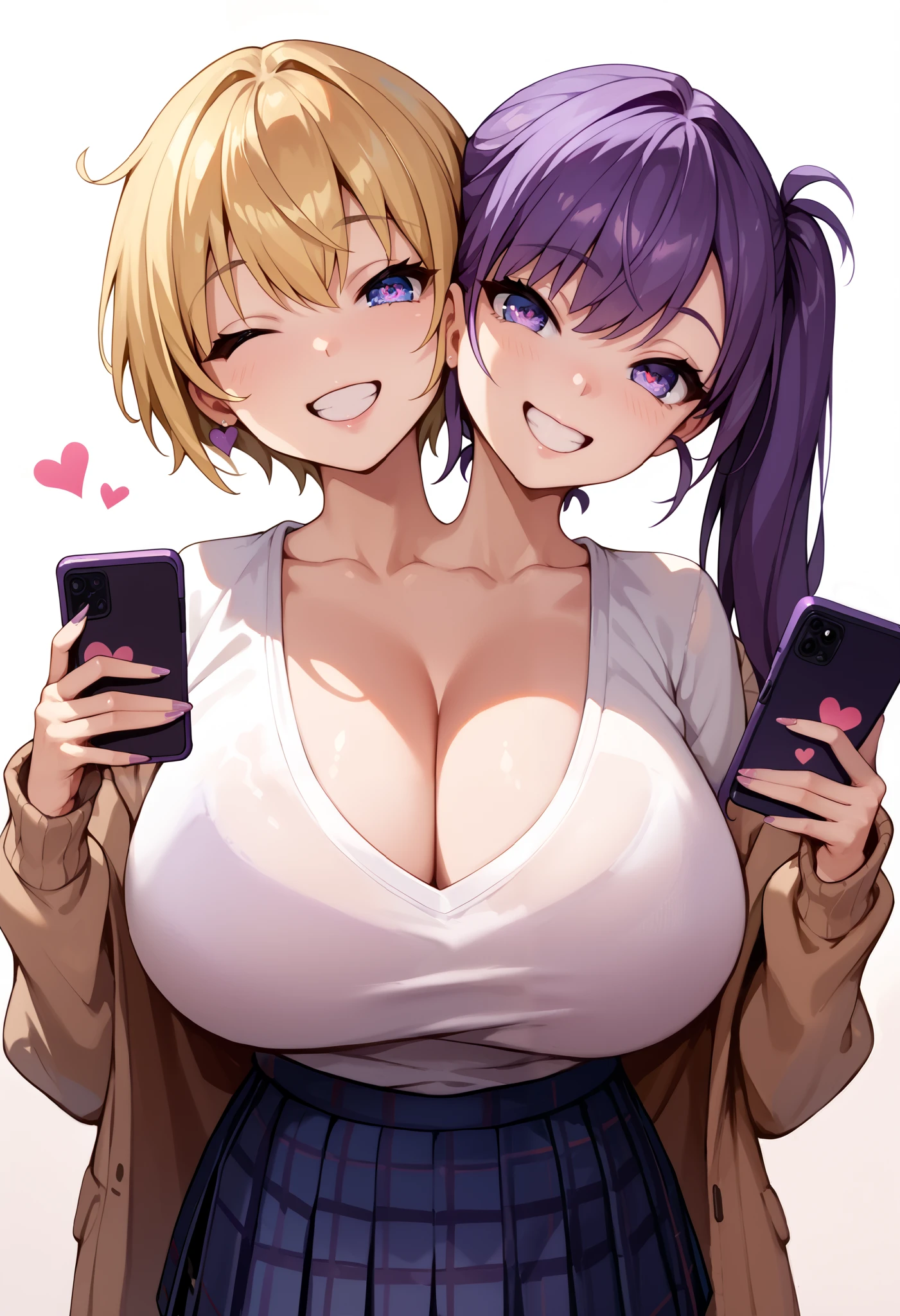 best resolution, conjoined, anime girl with two heads, tall, big chest, brown cardigan, short spiky blonde hair, purple hair with long side ponytail, plaid pleated skirt, , holding phone, winking, hearts, sharp eyes