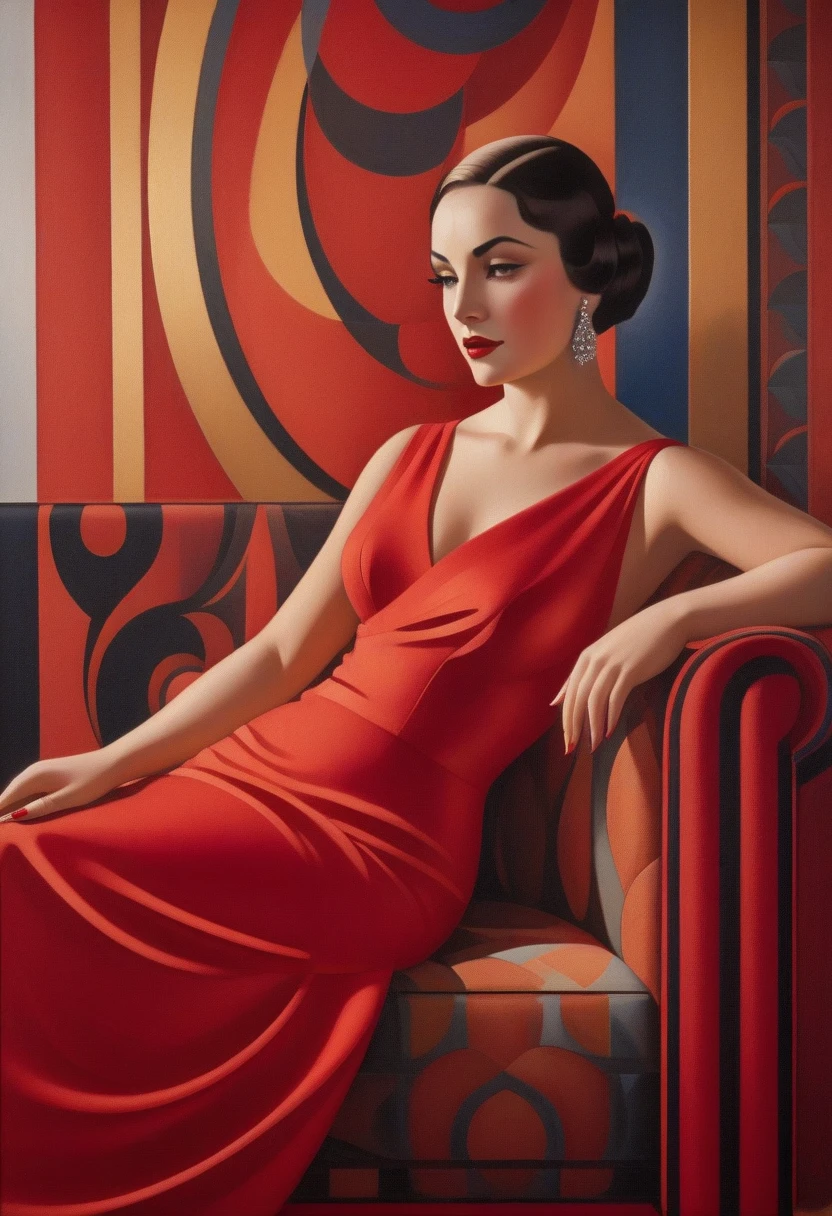 painting of a woman sitting on a red sofa, art deco painting, art deco era), art deco portrait, georgy kurasov, cinematic. art deco, beautiful retro art, intricate art deco patterns, realistic art deco, hyperrealist art nouveau, art nuveau, modern art noveau, art noveau painting, art deco illustration