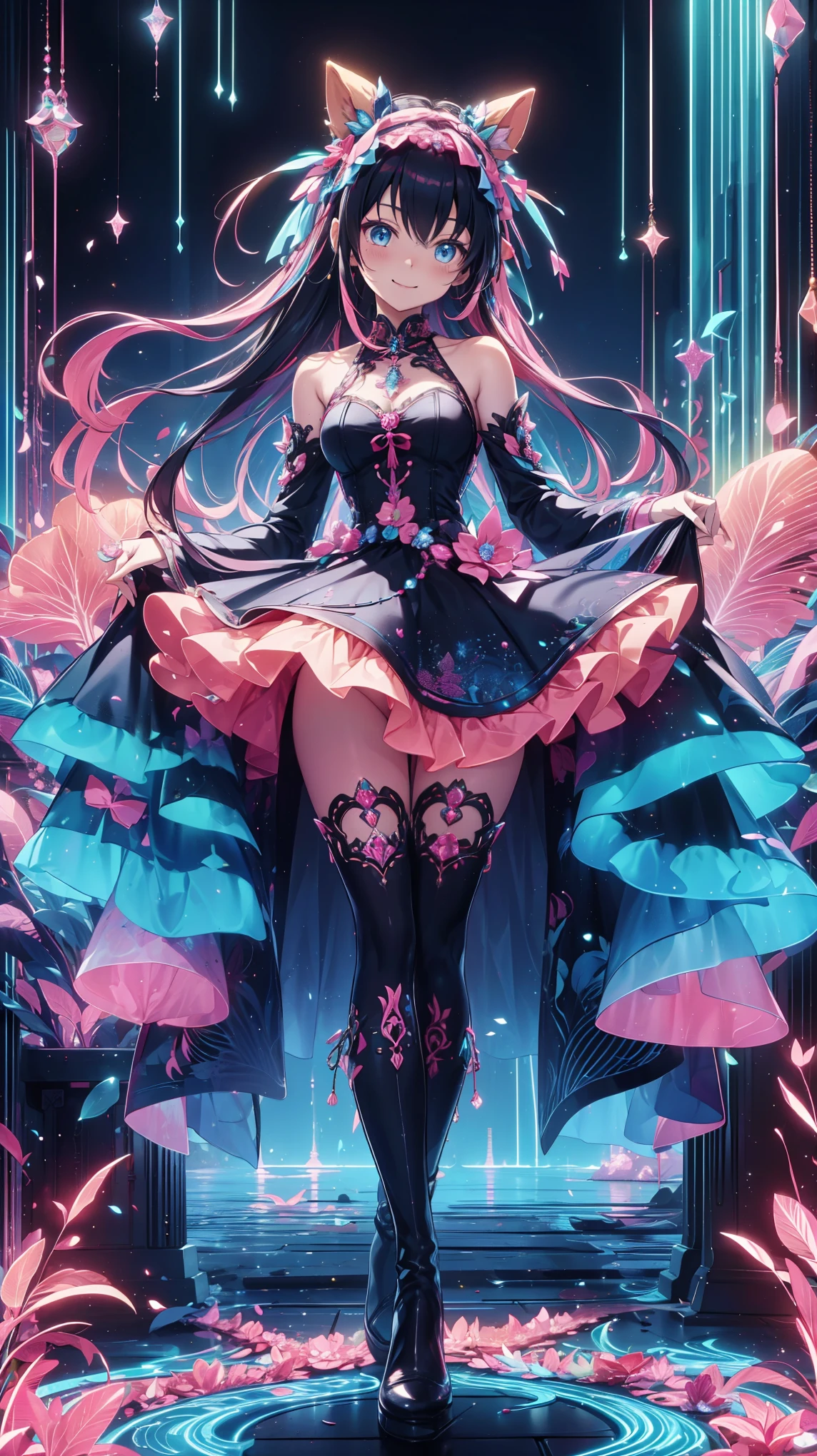    anime style、story、、  美丽girl、とても  cute天使、   pink goth dress   、  cute、 girl、charm、  Smile、 Long skirt 、    black boots   、Very   cute headband
