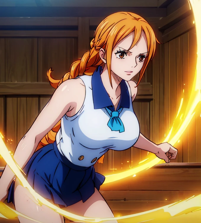 not nsfw (masterpiece, best quality, 4K, 8k,   high definition  , masterpiece:1.2),  super detailed, (Realistic, photoRealistic, photo-Realistic:1.37),    Pale Orange Hair  ,  Nami in One Piece , pale orange hair hidden in thick grass ,( side tail,Braiding), Beautiful Brown Eyes , Nami tattoo on her left shoulder , beautiful lips,Beautiful lipstick,smile, looking at the camera, Big Breasts , Navy blue school uniform,Gold Button, navy blue skirt,Combat with enemies,  Light Motion 1 .5 ,( movement activation light goes back and conveys a sense of speed 1.5,  The activation light for movement is beautiful pale blue 1 .5),( Fantasy worldview ),Perfect body,Perfect means,Perfect body