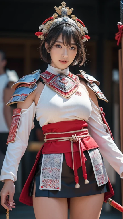  girl,  Beautiful and Realistic Character Expression  ,looking at viewer,reaching out, shorthair,The hair is beautiful gray,Red eyes, Samurai Trooper , white helmet in samurai armor ,samurai mask, sexy white in samurai armor ,Chest Armor Samurai Armor 2 / 3 Armor with Exposed Skin Samurai Armor , super miniskirt white armor ,  Underwear Is White High Legs , she wears white armor from samurai armor on her shoulders, beautiful skin like silk , Japanese Edo period village background , A weak-mouthed , (  let's start the body modification ceremony Sexoloid :1.8), ( ahe face :1.5), (  let's start a perfect personality transformation into love sex  :1.8), (Perfect Ecstasy:1.5), She has generous breasts, (Euphoric state:2.0), Wide neckline, beautiful silhouette  , Mechanical Chastity Belt , 2 /Let's start a ,  realistic textures and attention to detail , 8k， best quality ， live action with the gun you own， intricate detail， super detailed，  ultra high resolution， depth field ，（Realistically，Realistically：1.2），masterpiece，White tights，Alone， best quality,Realistically，（ intricate detail：1.2），（  EXQUISITE DETAILS  ），Clear lines， clear focus ，Detailed Face Unity 8K Wallpaper ，  ultra high resolution，（ realism：1.4），Huge , plump crotch,  using a stethoscope , Tight Suit, intracellular, Huge , Abnormally large breasts, Buttock Augmentation,  using a stethoscope ,  five fingers , Bring it to life, Shows Nervous Expression 