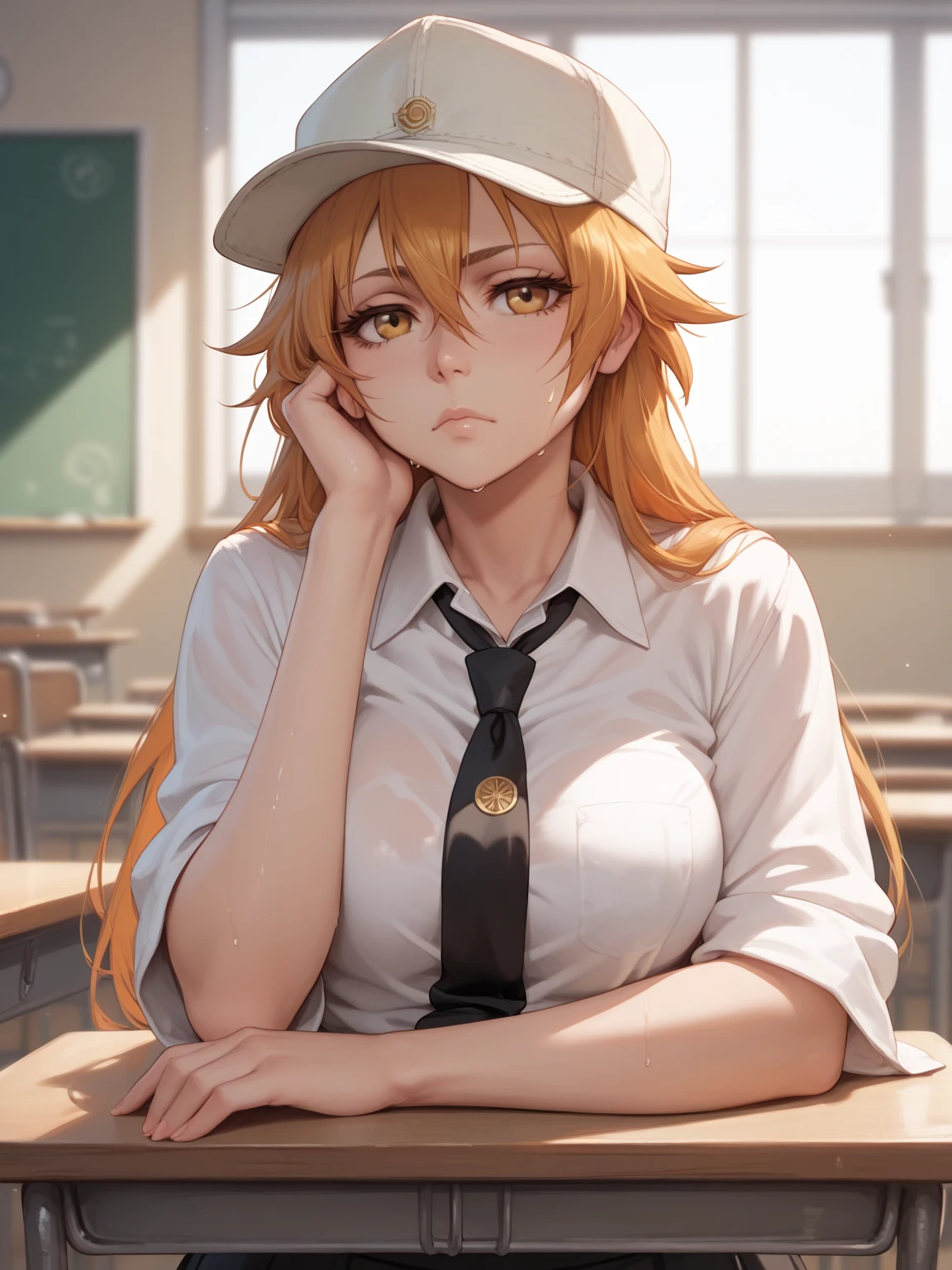 Front view, anime, Ikumi Inagiya is nifty girl aged 18, bored posed, cap, necktie, sweaty, in the classroom, noon light, (masterpiece, best quality, highly detailed), bleach-series,