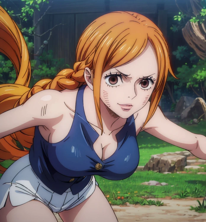 not nsfw (masterpiece, best quality, 4K, 8k,   high definition  , masterpiece:1.2),  super detailed, (Realistic, photoRealistic, photo-Realistic:1.37),    Pale Orange Hair  ,  Nami in One Piece , pale orange hair hidden in thick grass ,( side tail,Braiding), Beautiful Brown Eyes , Nami tattoo on her left shoulder , beautiful lips,Beautiful lipstick,smile, looking at the camera, Big Breasts , School uniform,Combat with enemies,  Light Motion 1 .5 ,( movement activation light goes back and conveys a sense of speed 1.5,  The activation light for movement is beautiful pale blue 1 .5),( Fantasy worldview ),Perfect body,Perfect means,Perfect body