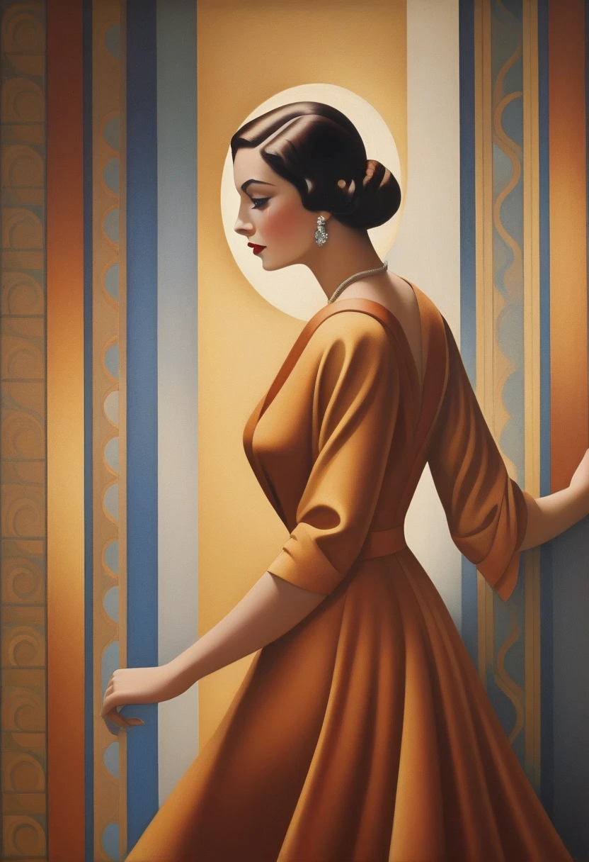 painting of a woman walking down the stairs, art deco painting, art deco era), art deco portrait, georgy kurasov, cinematic. art deco, beautiful retro art, intricate art deco patterns, realistic art deco, hyperrealist art nouveau, art nuveau, modern art noveau, art noveau painting, art deco illustration