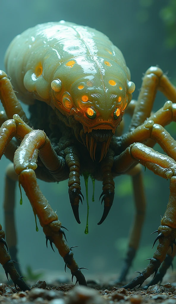The alien animal looks like a giant spider with many legs and long tentacles., which can be used to capture prey. Its body is covered with shiny green scales., and on the head there are two huge eyes, insect-like compound eyes.