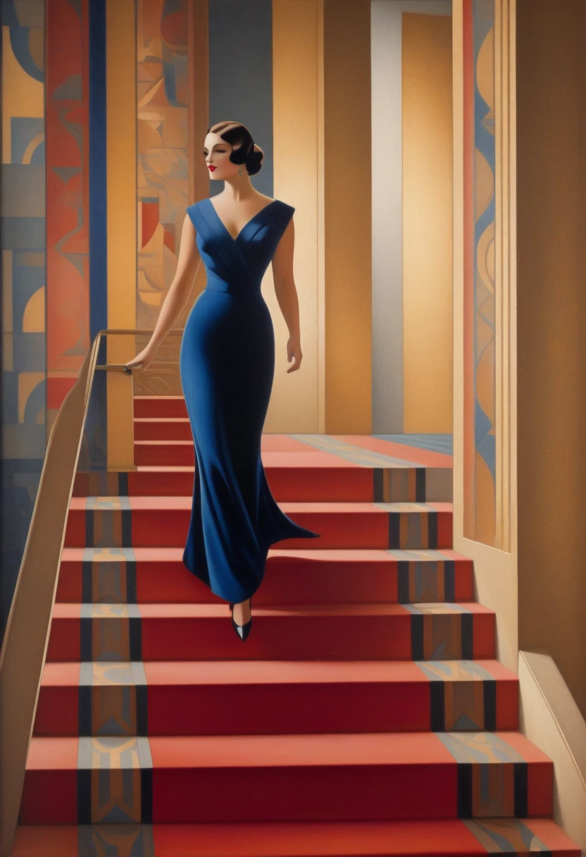 painting of a woman walking down the stairs with a red carpet, art deco painting, art deco era), art deco portrait, georgy kurasov, cinematic. art deco, beautiful retro art, intricate art deco patterns, realistic art deco, hyperrealist art nouveau, art nuveau, modern art noveau, art noveau painting, art deco illustration