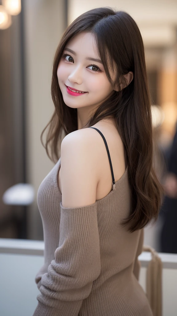 masutepiece, Best Quality, Illustration, Ultra-detailed, finely detail, hight resolution, 8K Wallpaper, Perfect dynamic composition, Beautiful detailed eyes, Elegant winter clothes with fur,Medium Hair,Small breasts natural color lip, Bold sexy poses,Smile、20 years girl、Cute、Sexy shot looking at camera,natta,beautifull detailed face,Classy face,Perfect and beautiful face,Slim face and body、Background blur