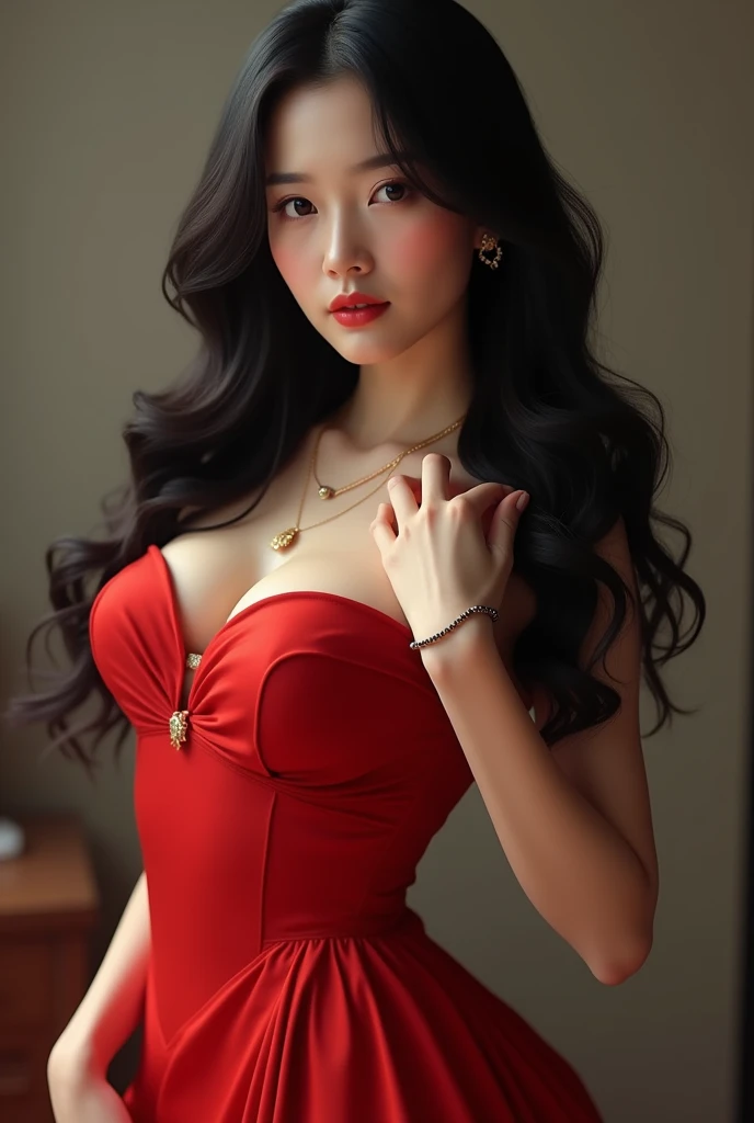 red, almond-shaped eyes and long, straight, black hair that covers his right eye. curvaceous with firm D-cup breasts that stand perky, He is undressing his cheongsam which clings to his slender frame, accentuating the curves of his hips and the firmness of his buttocks. Pale skin, stands at 167 cm and weighs 51 kg. His breast size has transformed from B+ to D cup, and his penis size remains erect at 16 cm.