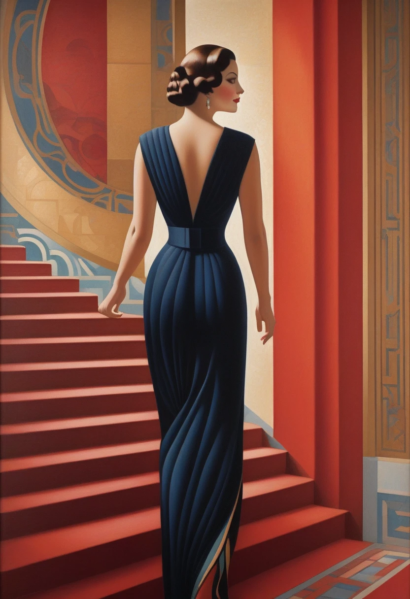 painting of a woman walking down the stairs with a red carpet, art deco painting, art deco era), art deco portrait, georgy kurasov, cinematic. art deco, beautiful retro art, intricate art deco patterns, realistic art deco, hyperrealist art nouveau, art nuveau, modern art noveau, art noveau painting, art deco illustration