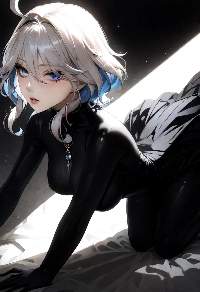 a beautiful woman in a black catsuit, tight fitting black catsuit, highly detailed face, beautiful eyes, long eyelashes, full lips, dynamic dramatic pose, moody dramatic lighting, cinematic composition, dark and dramatic, 8k, high quality, masterpiece, intricate details, 1girl, solo, mature female, furina \(genshin impact\), heterochromia, best quality, masterpiece), whole body, mature female, unaestheticXL_bp5, (negative_v2 Color_Balance_Calibration:0.8), SimplePositiveXLv2
