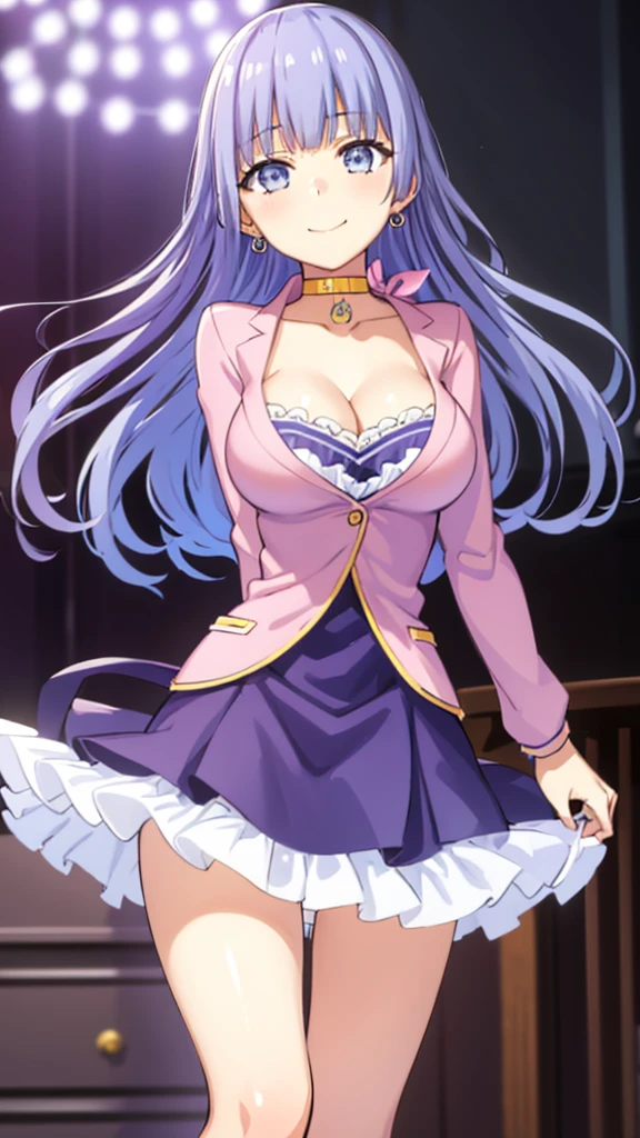 1girl, alone, miku Izayoi, retailer, good lighting, masterpiece, best quality, long hair, blue-purple hair, blue-purple eyes, big breasts, medium waist, wide hips, medium thighs, round ass, absurd, purple dress, dress tight,cleavage,pink jacket,open jacket,pink shoes,standing,smile,cafe,interior, , earrings, choker, sexy body, sexy, seductive posture, hand on waist, looking at viewer, from behind, focus on ass, pov (from below), perfect anatomy, perfect hands.