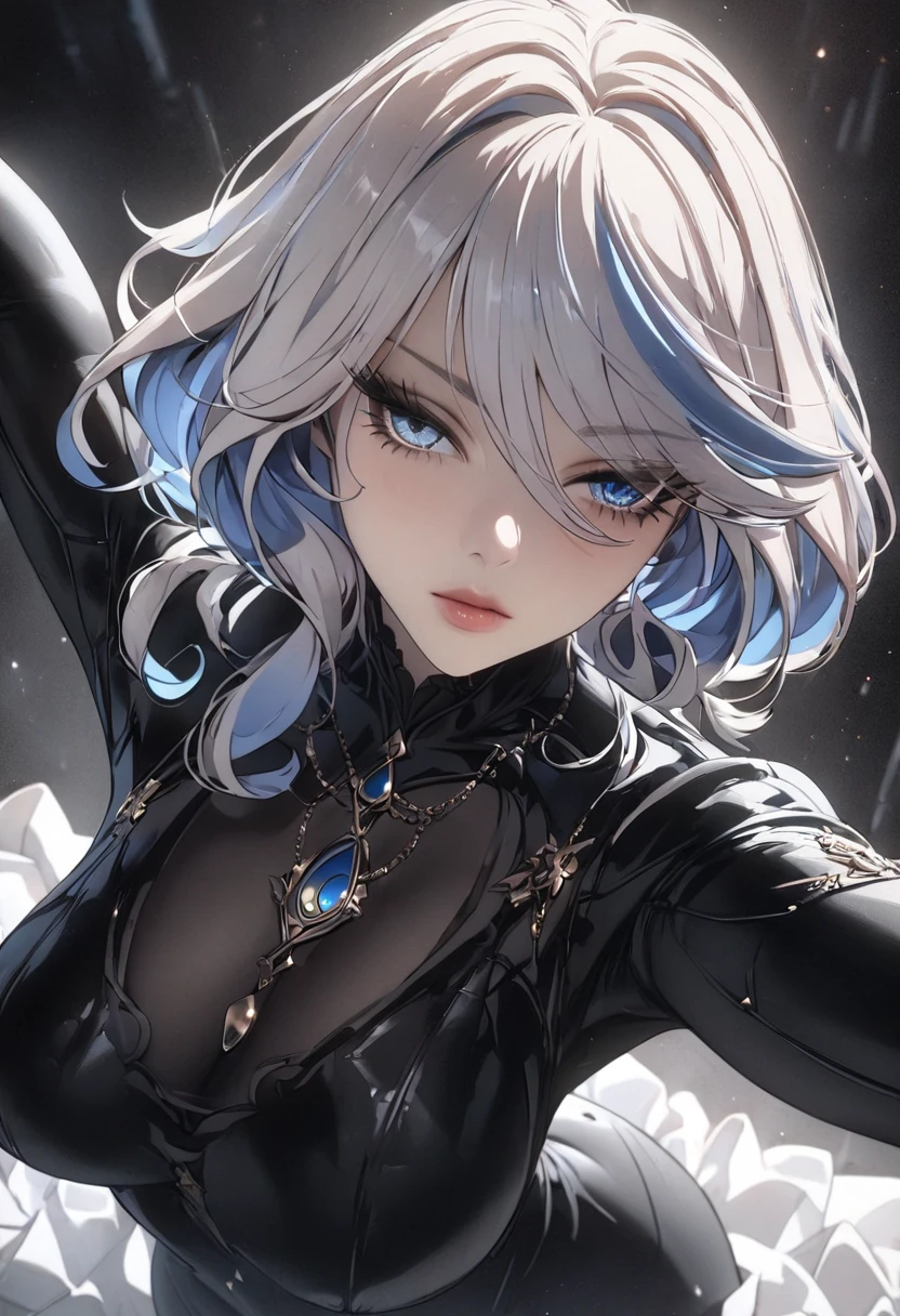 a beautiful woman in a black catsuit, tight fitting black catsuit, highly detailed face, beautiful eyes, long eyelashes, full lips, dynamic dramatic pose, moody dramatic lighting, cinematic composition, dark and dramatic, 8k, high quality, masterpiece, intricate details, 1girl, solo, mature female, furina \(genshin impact\), heterochromia, best quality, masterpiece), whole body, mature female, unaestheticXL_bp5, (negative_v2 Color_Balance_Calibration:0.8), SimplePositiveXLv2
