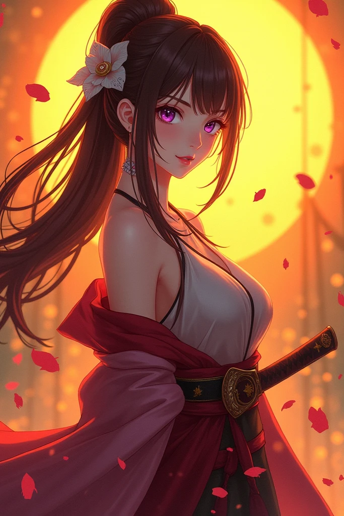 breasts, 1girl, weapon, sword, rating:safe, long_hair, ponytail, bare_shoulders, cleavage, hair_ornament, large_breasts, gloves, thighhighs, looking_at_viewer, holding, flower, solo, japanese_clothes, brown_hair, wide_sleeves, katana, sheath, collarbone, black_legwear, very_long_hair, holding_weapon, kimono, bangs, hair_flower, kimono, off_shoulder, long_sleeves, blush, skirt, smile, thighs, gloves, brown_eyes, black_gloves, sidelocks, holding_sword, closed_mouth, obi, red_eyes, jewelry, pleated_skirt, cowboy_shot, skindentation, jacket, zettai_ryouiki, arm_up