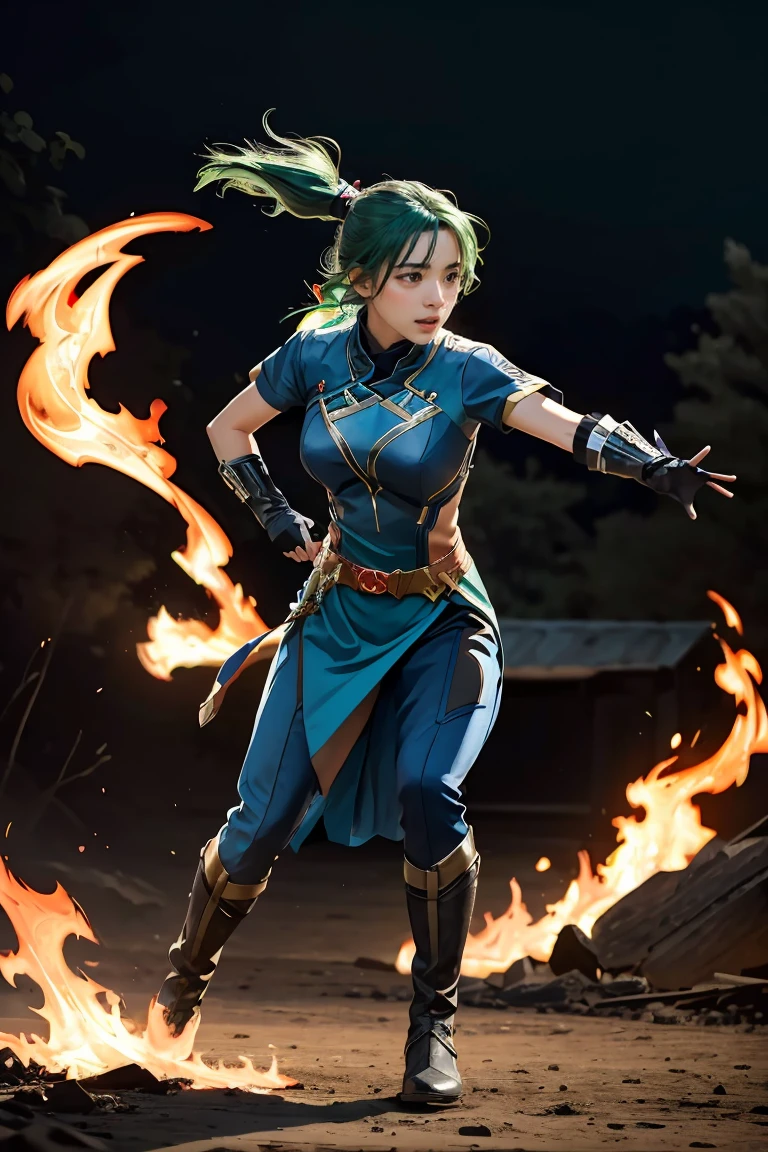 ((full body)),(masterpiece, best quality),  intricate details,
1girl,   lyn_(fire_emblem), 1girl, solo, ((green hair)), long hair, green eyes, high ponytail, blue dress, large breast, jewelry, fingerless gloves. hair ornament, lyn_(fire_emblem),(best quality,highres:1.2), realistic, vibrant colors, detailed face and expression, fierce gaze, powerful stance, , glowing vibranium claws, night scene, strong lighting, superhero, action-packed, dynamic pose, 1 girl, Black panther suit,