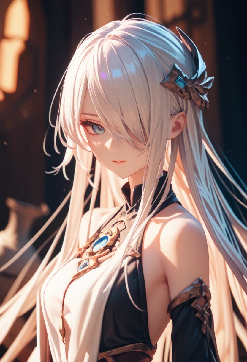 ,  hair covers the eye, rpg,  bare shoulders are visible, 1 girl,  Long hair, 4K,   duration,  fantasy, Game character, game