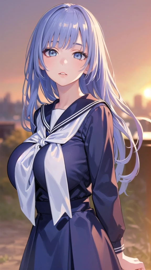 (ultra realistic,32k, masterpiece:1.2),(high detailed skin:1.1), 8k uhd, dslr, high quality,(makeup, mascara:0.9), (thick\lips\),
 IzayoiMiku, long hair, IzayoiSchool, school uniform, sailor dress, blue dress, , huge breast, 
(looking at viewer, portrait:1.1),,
,(golden hour:1.1), blank background