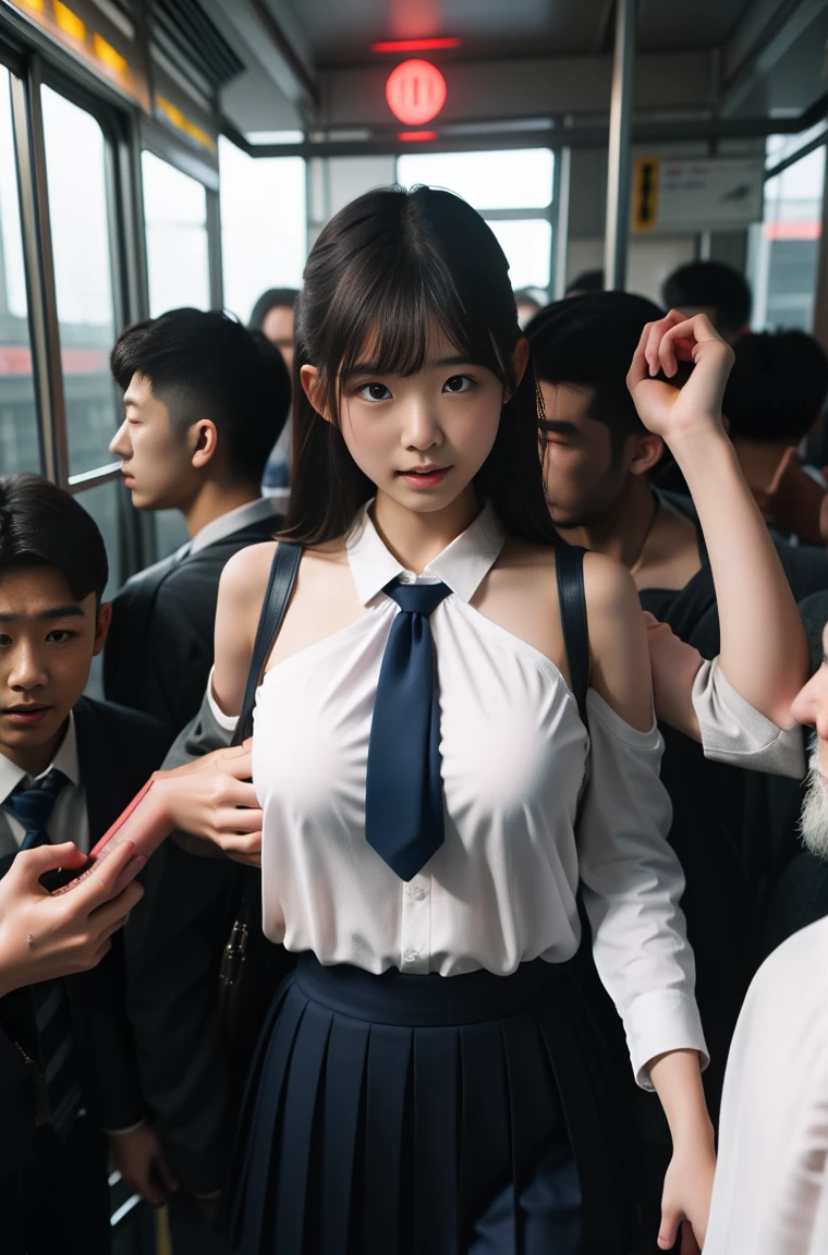 (molestation:1.8) japanese woman, very big breasts, oversized breasts, (white halfsleeve shirt,darkblue neckribbon,pleated short skirt, darkbrown shoulder length hair,bangs,ear),Chest grab, in the train, grab your butt, Multiple men around her grab her breasts, Chest grab, multiple hands, masterpiece, highest quality, very detailed, molestation, crowd of men, crowd sung, very realistic face, very realistic eyes, crowd of men around her, the person who grabs her body, I squeezed my chest, molestation, masterpiece, highest quality, very detailed, 1 girl, multiple hands, Grab your ass with the crazy crowd, Chest grab, the men around her, squeezed body, Many people grab their chests, Be beaten, pulling on clothes, very wet and sweaty, grab clothes, (There are no women in the crowd), man with necktie