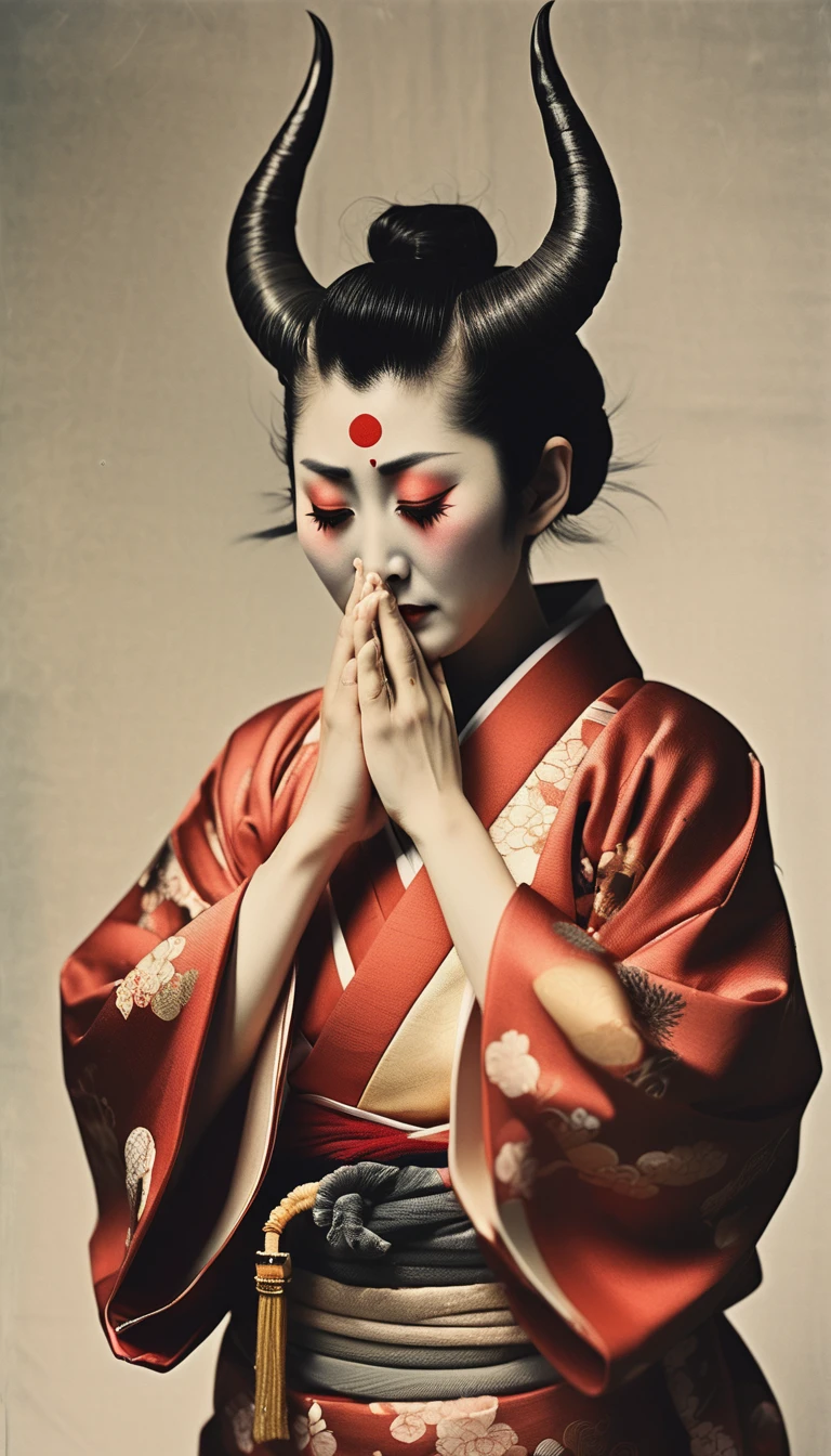 Japanese Devil、Horns grow、 crying、Kimono,color,Close your ears with your mouth , prayer put your hands together