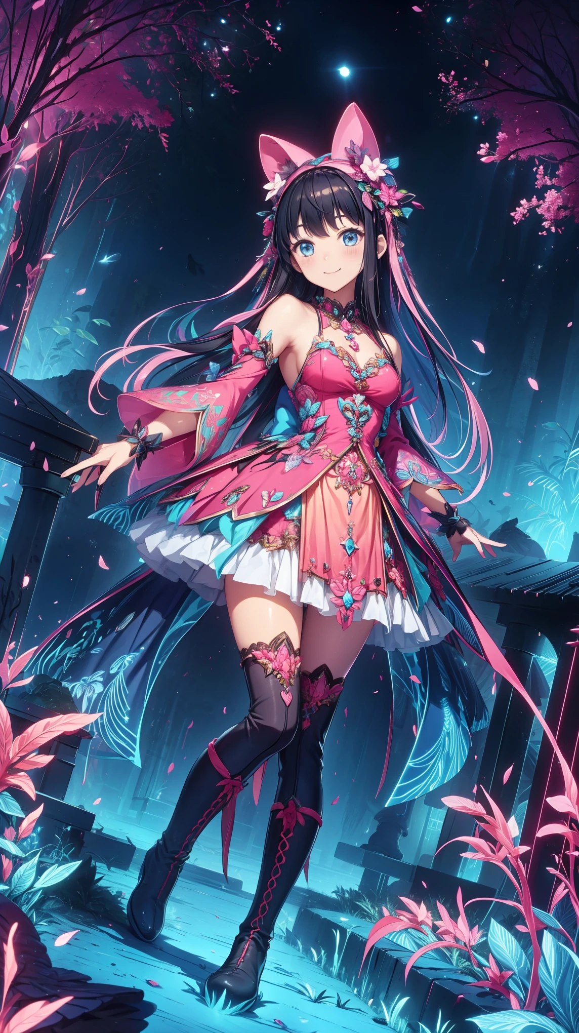    anime style、story、、  美丽girl、とても  cute天使、   pink goth dress   、  cute、 girl、charm、  Smile、 Long skirt 、    black boots   、Very   cute headband
