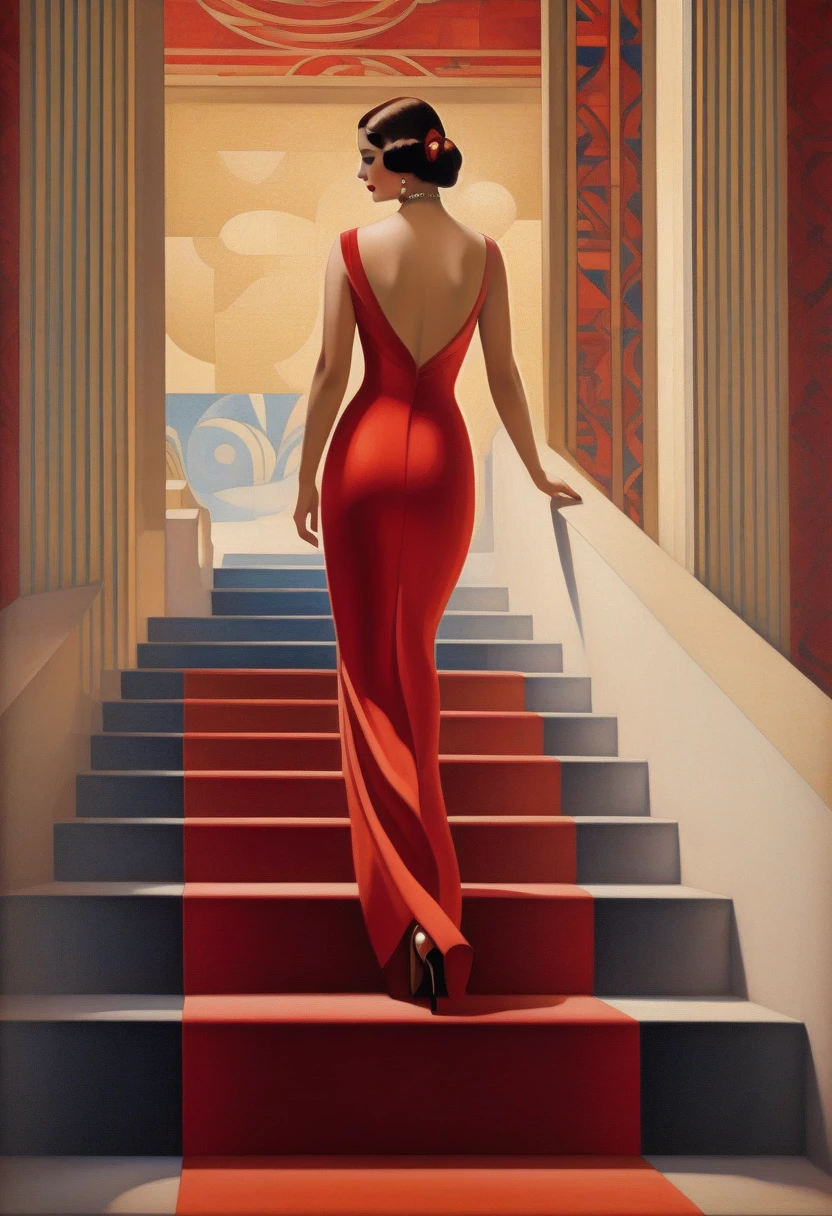 painting of a nude woman walking up the stairs with a red carpet, art deco painting, art deco era), art deco portrait, georgy kurasov, cinematic. art deco, beautiful retro art, intricate art deco patterns, realistic art deco, hyperrealistic art nouveau, art nuveau, modern art noveau, art noveau painting, art deco illustration