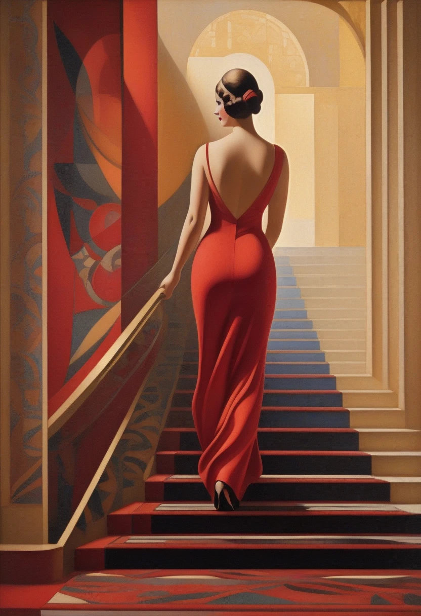 painting of a nude woman walking up the stairs with a red carpet, art deco painting, art deco era), art deco portrait, georgy kurasov, cinematic. art deco, beautiful retro art, intricate art deco patterns, realistic art deco, hyperrealistic art nouveau, art nuveau, modern art noveau, art noveau painting, art deco illustration