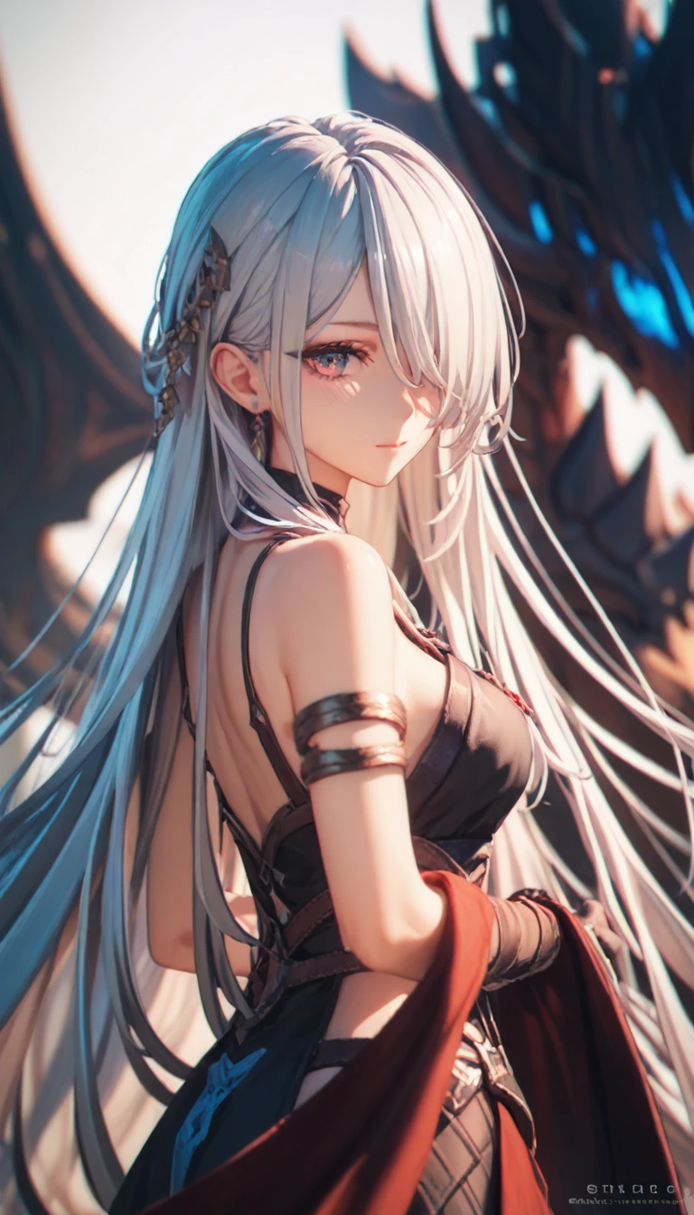 ,  hair covers the eye, rpg,  bare shoulders are visible, 1 girl,  Long hair, 4K,   duration,  fantasy, Game character, game