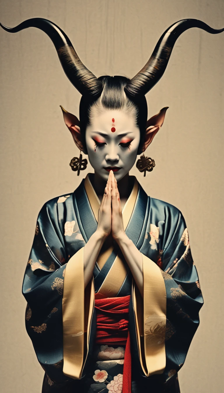 Japanese Devil、Horns grow、 crying、Kimono,color,Close your ears with your mouth , prayer put your hands together