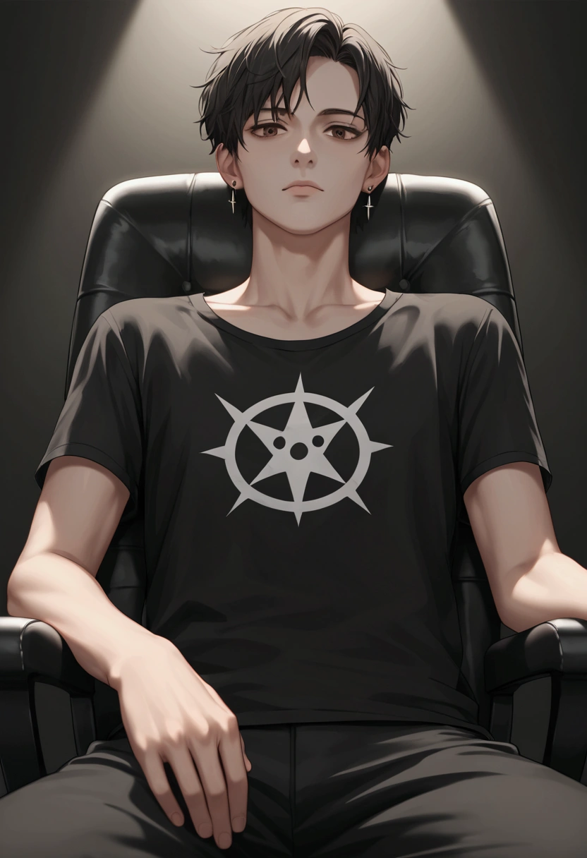 Score_9, score_8_up, score_7_up, source_anime, dream like, surreal, soft colors, soft, 1man, masculine, lean, skinny, short black hair, pale skin, brown eyes, earrings, black baggy t-shirt, sitting in chair, in dark room, dimly lit computer, muted colors, masterpiece, vector art, manspreading, lower pov, looking down at viewer 