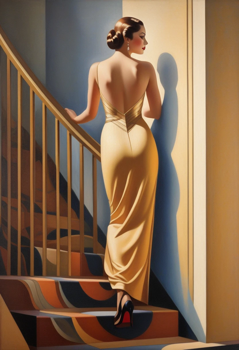 painting of a nude woman climbing stairs, art deco painting, art deco era), art deco portrait, georgy kurasov, cinematic. art deco, beautiful retro art, intricate art deco patterns, realistic art deco, hyperrealistic art nouveau, art nuveau, modern art noveau, art noveau painting, art deco illustration