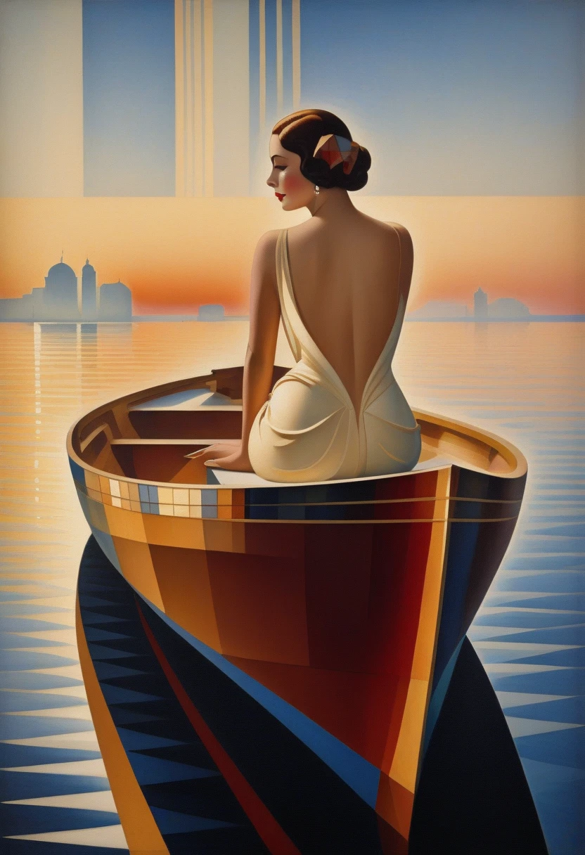 painting of a nude woman on a boat, art deco painting, art deco era), art deco portrait, georgy kurasov, cinematic. art deco, beautiful retro art, intricate art deco patterns, realistic art deco, hyperrealist art nouveau, art nuveau, modern art noveau, art noveau painting, art deco illustration