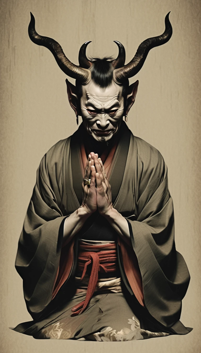 Japanese male demons、Horns grow、 crying、Kimono,color,Close your ears with your mouth , prayer put your hands together