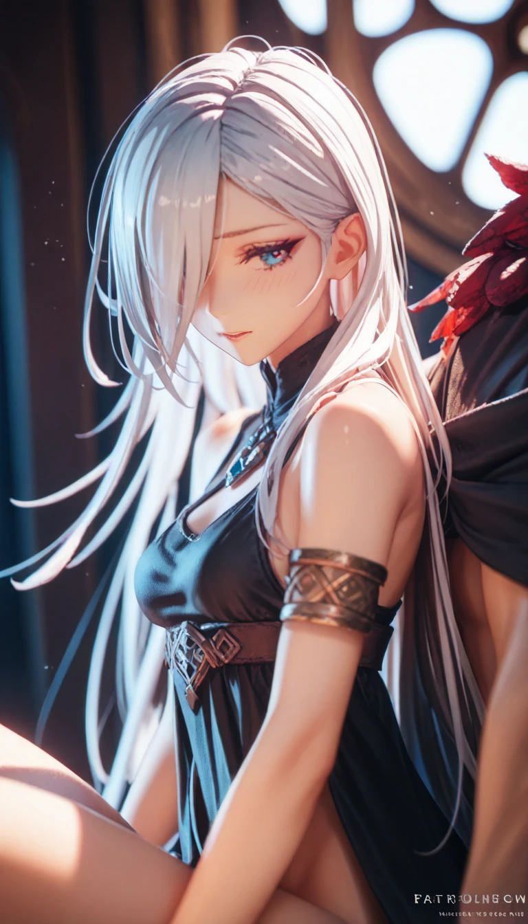 ,  hair covers the eye, rpg,  bare shoulders are visible, 1 girl,  Long hair, 4K,   duration,  fantasy, Game character, game, 2D, sex