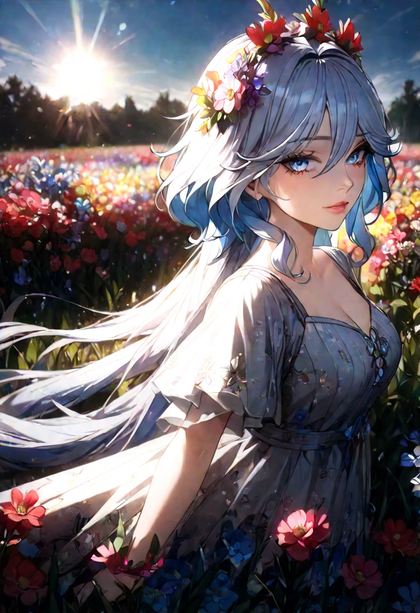 a girl in a bohemian style dress, long flowing maxi dress with floral patterns, beautiful detailed eyes, beautiful detailed lips, flower crown, standing in a field of flowers, golden hour lighting, cinematic composition, dreamlike, ethereal, vibrant colors, rich texture, highly detailed, full body, 1girl, solo, mature female, furina \(genshin impact\), heterochromia, best quality, masterpiece), whole body, mature female, unaestheticXL_bp5, (negative_v2 Color_Balance_Calibration:0.8), SimplePositiveXLv2
