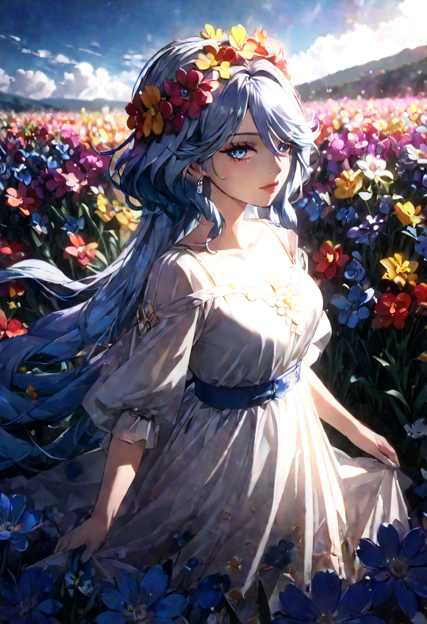 a girl in a bohemian style dress, long flowing maxi dress with floral patterns, beautiful detailed eyes, beautiful detailed lips, flower crown, standing in a field of flowers, golden hour lighting, cinematic composition, dreamlike, ethereal, vibrant colors, rich texture, highly detailed, full body, 1girl, solo, mature female, furina \(genshin impact\), heterochromia, best quality, masterpiece), whole body, mature female, unaestheticXL_bp5, (negative_v2 Color_Balance_Calibration:0.8), SimplePositiveXLv2
