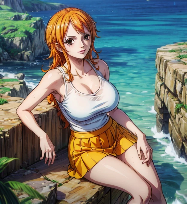 not nsfw (masterpiece, best quality, 4K, 8k,   high definition  , masterpiece:1.2),  super detailed, (Realistic, photoRealistic, photo-Realistic:1.37),    Pale Orange Hair  ,  Nami in One Piece , pale orange hair hidden in thick grass , straw hat, Beautiful Brown Eyes , Nami tattoo on left shoulder, beautiful lips,Beautiful lipstick,smile, looking at the camera, Big Breasts , Nami's early clothes , white t-shirt, yellow skirt ,sea,Perfect body,Perfect means,Perfect body