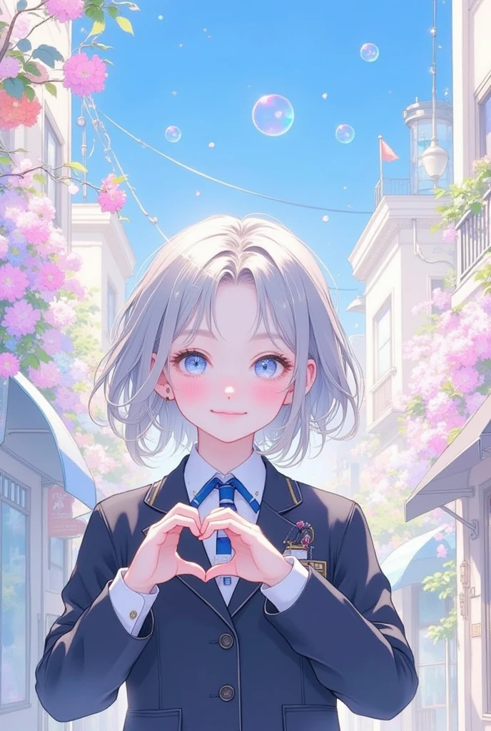 (cute girl,kawaii anime),(student, 18-year-old, Short silver hair floating, Space-colored eyes, school black uniform, round eyes,Pale skin, Tired face、lack of shine in the eyes\) ,she looks at me with heart shape hand pose against me ,under Beautiful sky, Beautiful Clouds, Colorful summer flowers are blooming everywhere., (Transparent bubbles shine like prisms here and there in the sky), There is a noon moon and a noon star in the sky, woman is at messy downtown, (8k,Highly detailed CG unit wallpaper, masterpiece,High resolution,blue texture skin,Surreal,Increase the resolution ,dreamy background, soft color,bright background