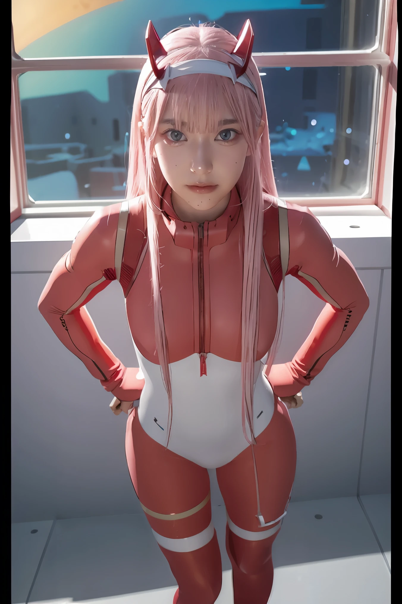 dynamic angle,ultra-detailed, illustration, straight on, 1girl, ((Zero two, interface headband with a pair of horns, red bodysuit:1.4, pink hair)), Her eyes shone like dreamy stars,(glowing eyes:1.233),(beautiful and detailed eyes:1.1),(expressionless, closed mouth),(standing), (mechanic room with tools and spaceship window in a white SPACESHIP), (night:1.2), dreamy, [[delicate fingers and hands:0.55]::0.85],(detail fingers), smirk,