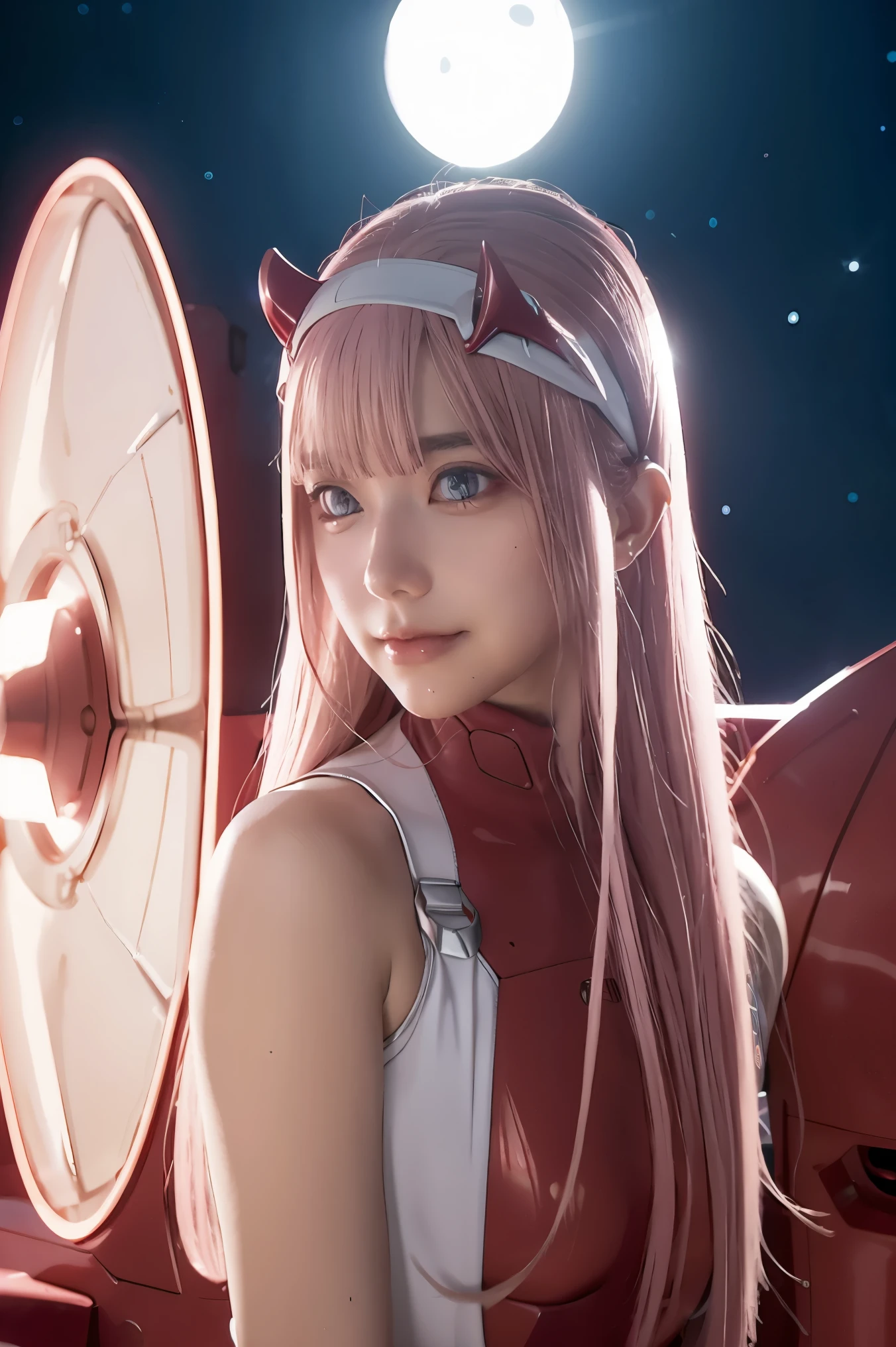 dynamic angle,ultra-detailed, illustration, straight on, 1girl, ((Zero two, interface headband with a pair of horns, red bodysuit:1.4, pink hair)), Her eyes shone like dreamy stars,(glowing eyes:1.233),(beautiful and detailed eyes:1.1),(expressionless, closed mouth),(standing), (mechanic room with tools and spaceship window in a white SPACESHIP), (night:1.2), dreamy, [[delicate fingers and hands:0.55]::0.85],(detail fingers), smirk,