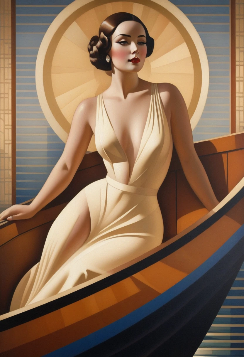 painting of a nude woman on a boat, art deco painting, art deco era), art deco portrait, georgy kurasov, cinematic. art deco, beautiful retro art, intricate art deco patterns, realistic art deco, hyperrealist art nouveau, art nuveau, modern art noveau, art noveau painting, art deco illustration