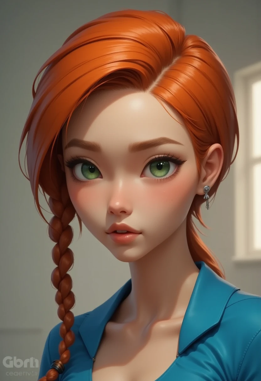 anime, hda, a close up of a woman with ((red braided low ponytail hair)) and (((the most beautiful green eyes))) in (((blue outfit))), (((determined)), 8k, Unreal Engine 5, octane render, by kyun, gamang, Yoon Gon-Ji, g.ho, gosonjak, shuroop, serious, domi, noah, trending on pixiv, fanbox, skeb, masterpiece, detailed face, smooth soft skin, big dreamy eyes, beautiful intricate colored hair, symmetrical, anime wide eyes, soft lighting, concept art, digital painting, 