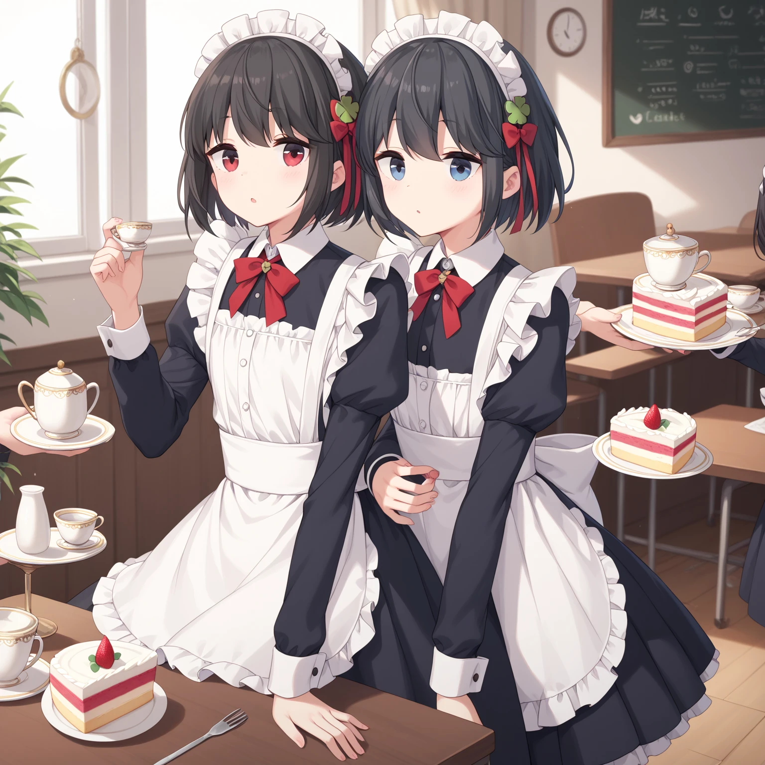  (8k), (  very detailed), (   best illustration   ), Cafe。   two girls。 maid outfit 。. flat chested。 short hair on the side of the uniform。  big red ribbon barrette on desk。Four leaf clover in hair 。adult。 black hair。Shima Rin,Bring me a cake 。Four leaf clover in hair。 Flip Your Skirt 、Pee in a teacup。