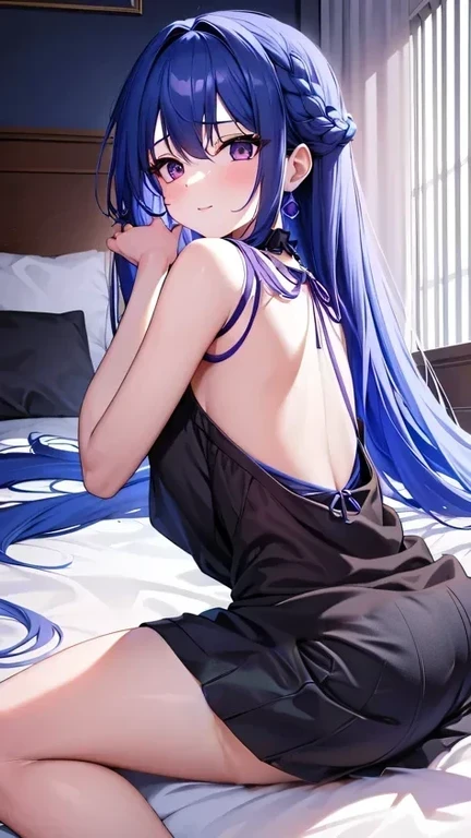 Mature medium long hair sexy cute girl wearing blue hair purple crop and panrolon 8k quality sharp lines Cute girl Background girls' 's room A happy girl