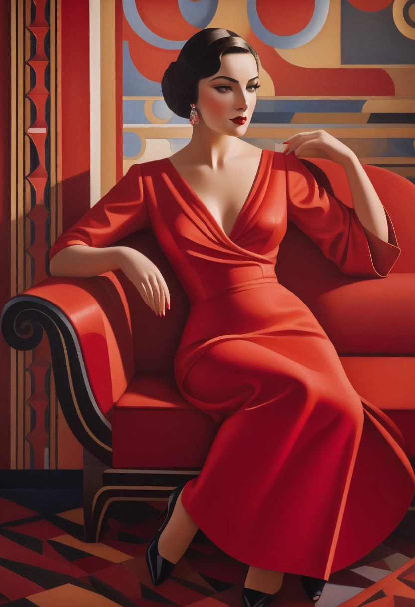 painting of a woman sitting on a red sofa, art deco painting, art deco era), art deco portrait, georgy kurasov, cinematic. art deco, beautiful retro art, intricate art deco patterns, realistic art deco, hyperrealist art nouveau, art nuveau, modern art noveau, art noveau painting, art deco illustration