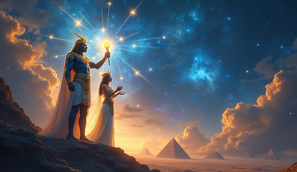 Paleolithic age god and Egyptian god creating a weapon using their cosmic energy