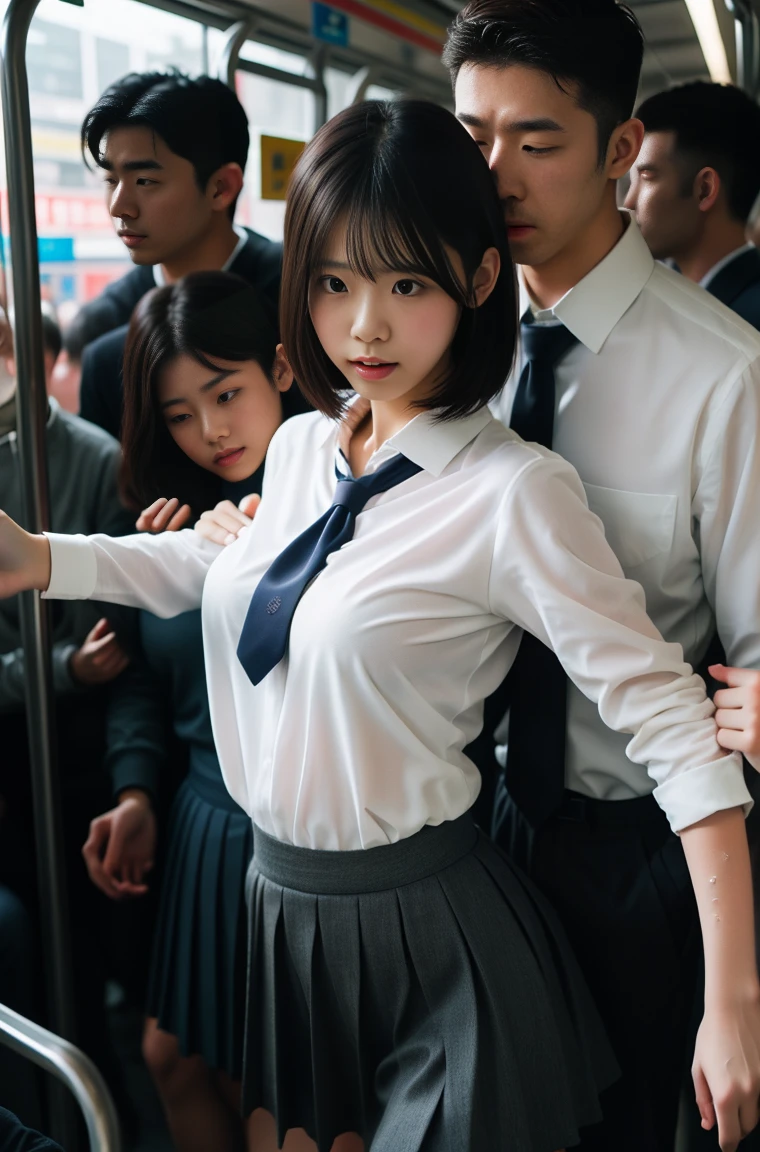 (molestation:1.8) japanese woman, very big breasts, oversized breasts, (white shirt,darkblue neckribbon,pleated short skirt, darkbrown one curl bob hair,bangs),Chest grab, in the train, grab your butt, Multiple men around her grab her breasts, Chest grab, multiple hands, masterpiece, highest quality, very detailed, molestation, crowd of men, crowd sung, very realistic face, very realistic eyes, crowd of men around her, the person who grabs her body, I squeezed my chest, molestation, masterpiece, highest quality, very detailed, 1 girl, multiple hands, Grab your ass with the crazy crowd, Chest grab, the men around her, squeezed body, Many people grab their chests, Be beaten, pulling on clothes, very wet and sweaty, grab clothes, (There are no women in the crowd), man with necktie, shame, disgust